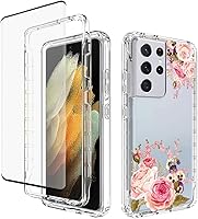 Vista 1 de Funda para Galaxy S21 Ultra 5G, SM-G998U con protector de pantalla de vidrio templado, carcasa rígida de diseño floral de cuerpo completo + funda
