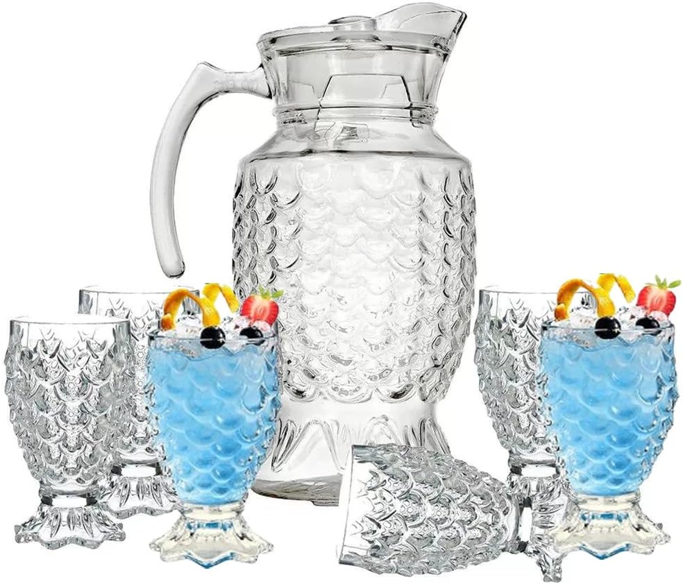 bellemax Italian Premium Water and Juice Glasses Set of 6 and Jug Set Combo,(6 Pieces Glasses 270ML and 1 Water Juice Jug 1.8 Liter), Transparent, Glass and Jug Set for Dining Table (Traditional- A)