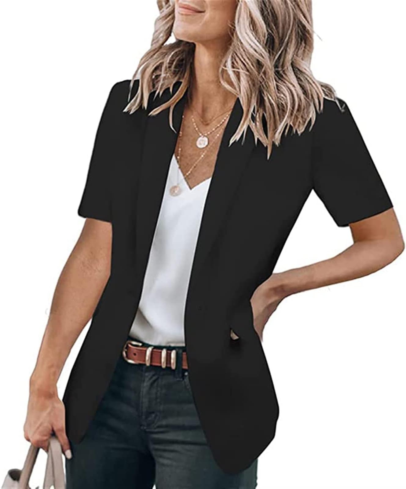 Short Sleeve Blazer Women's Business Summer Jacket Solid Color Retro Jacket Office Office Suit Open Front Suit Jacket Button Placket Military Coat Blazer Coat Business Outwear Women's Jacket