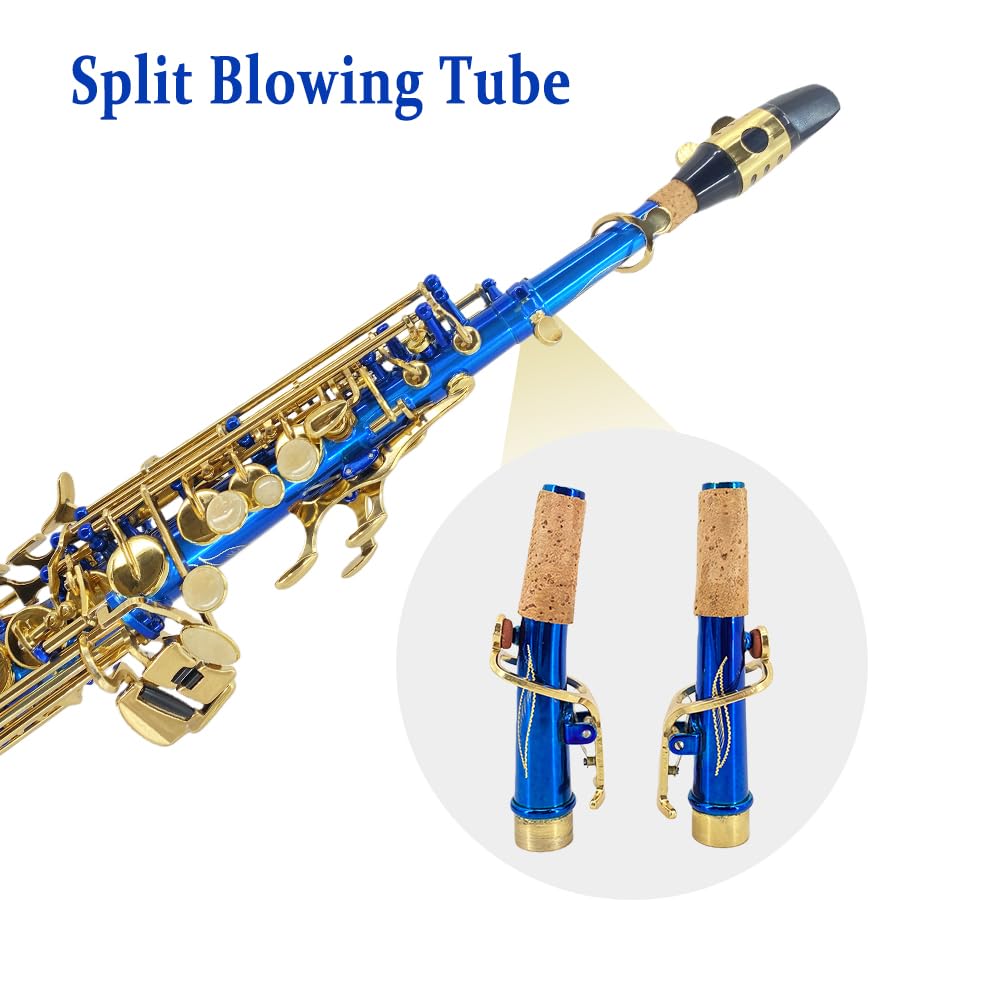Saxofón soprano recto Bb de latón, instrumento de viento de madera, hermoso saxofón recto lacado azul para principiantes, juego combinado con funda de transporte y accesorios