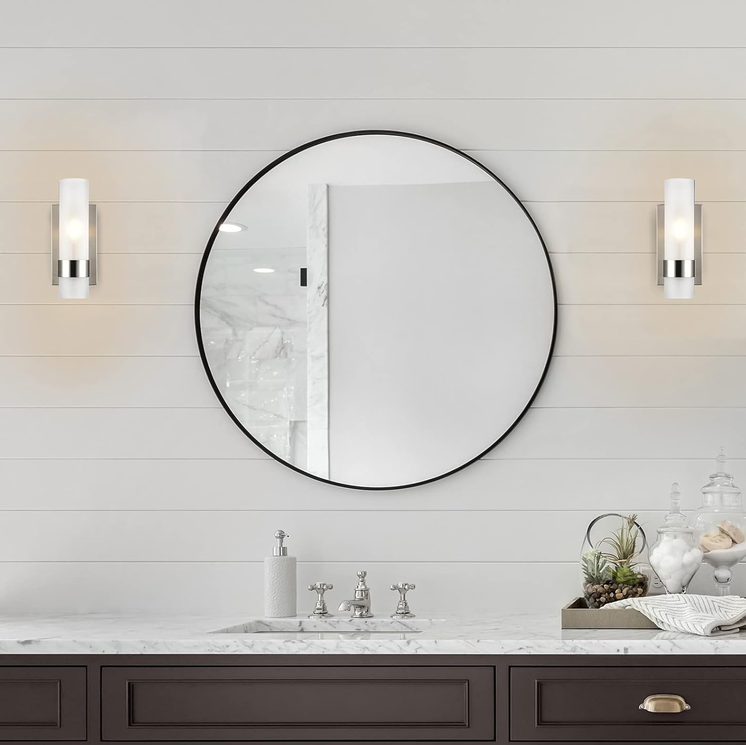 Linea di Liara Teramo Farmhouse Brushed Nickel Wall Sconce Wall Lighting Modern Bathroom Wall Sconces Wall Lights for Hallway and Bedroom Wall Sconce Lighting Fixture - Frosted Glass Shade