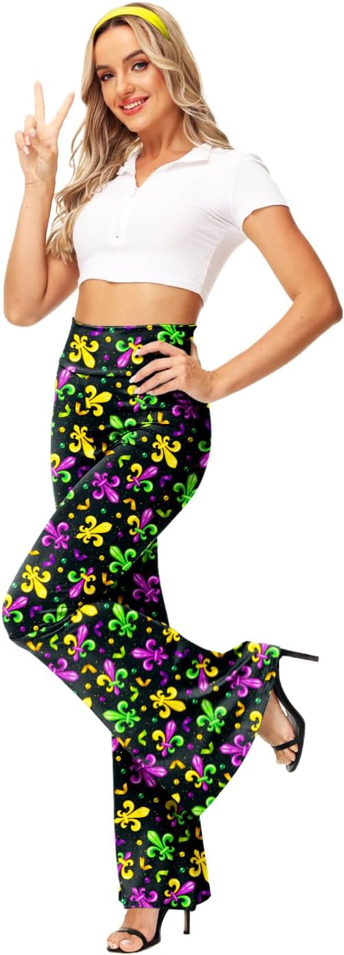 AOBUTE Womens Mardi Gras Bell Bottoms Purple Green Yellow High Waist Flare Pants - Image 4