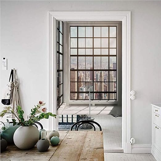 Amazon モダンなインテリア のれん おしゃれ 目隠し 72幅x150丈cm 都市の正方形の窓からのアパートメントの街の写真 おしゃれ ロング 居酒屋 店 部屋 玄関 入り口 間仕切り インテリア ホワイトブラック のれん オンライン通販