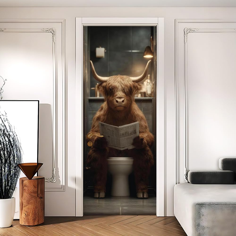 Highland Cow Door Sticker, Funny Bathroom Door Cover, 30.3x78.7in
