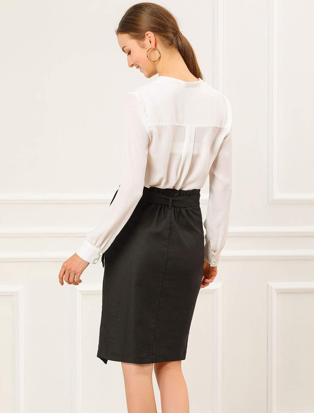 Allegra K Jupe crayon courte avec ceinture fendue pour femme - Noir - Taille XL