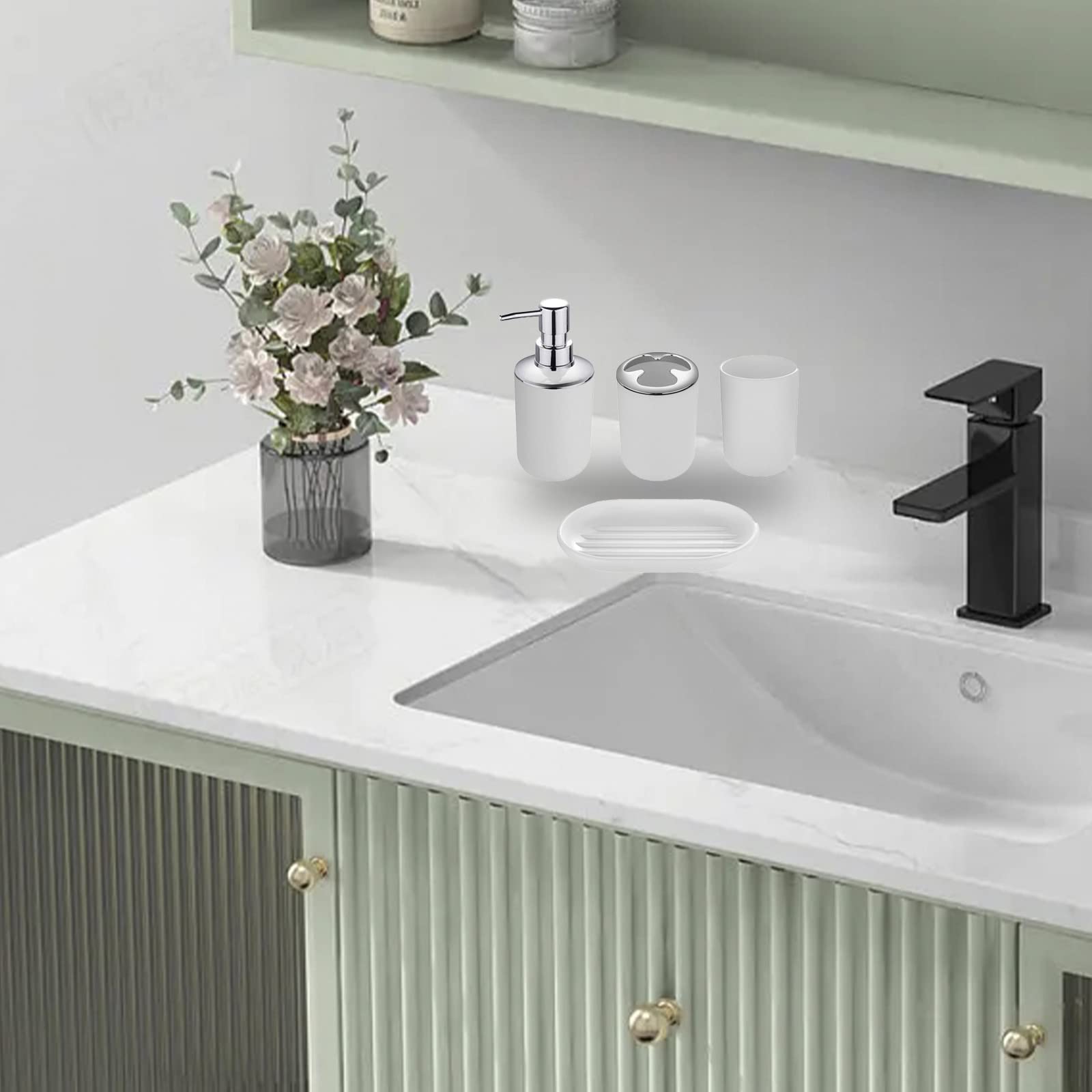 Set di 4 accessori da bagno con dispenser per sapone, tazza da bagno, portasapone, portaspazzolino e dentifricio (bianco)
