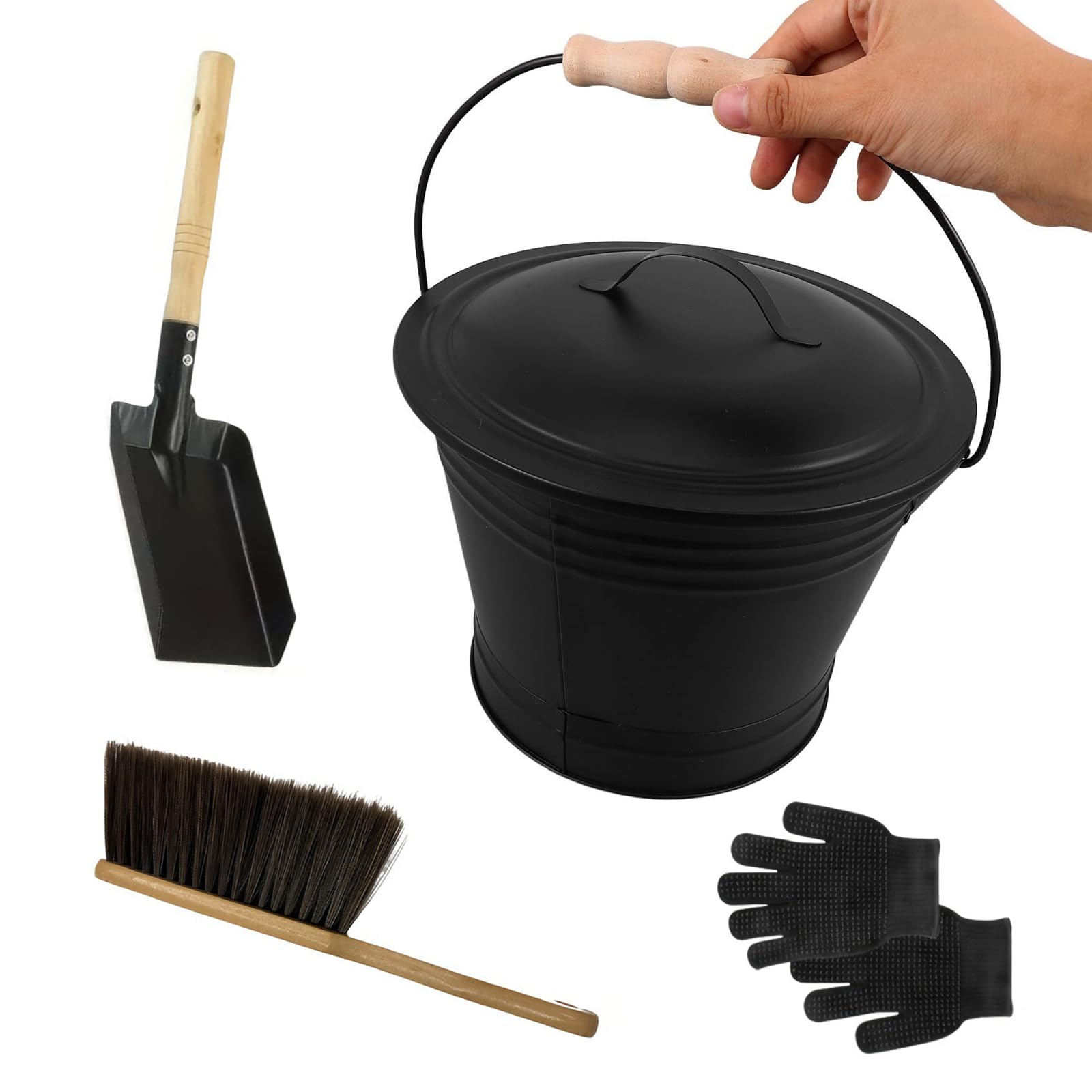 Rgybao Multicolor Type Fireplaces Cleaning Set Irons Ashes Bucket Shovel Palms Broom Gloves Leak Proof Storage Galvanized Steel Ashes Bucket