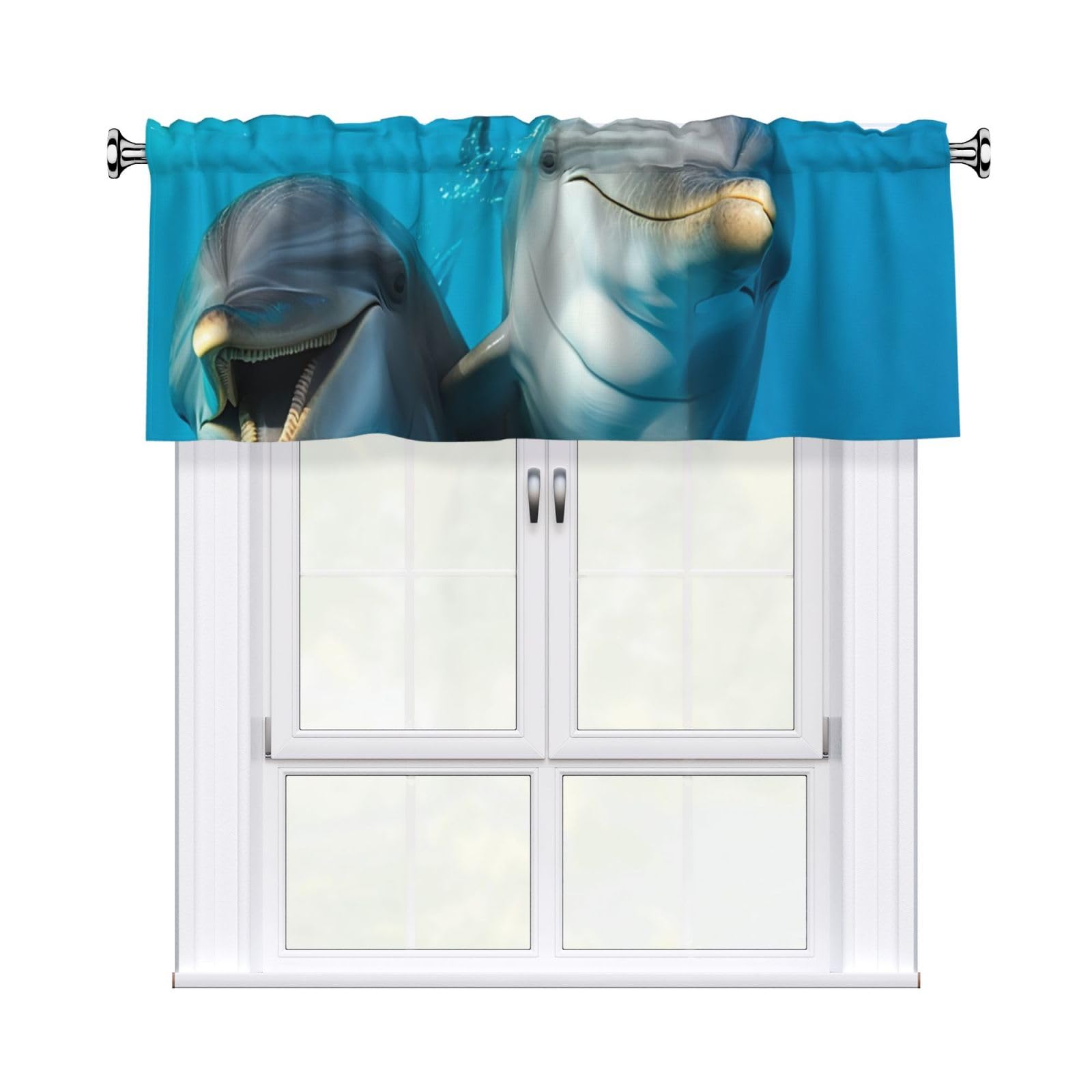 FekiLoot Smiling Face Dolphins Curtain Valance for Windows, Kitchen Window Valances Rod Pocket Window Treatments Short Curtains Drapes for Bathroom Bedroom Cafe Decor 54x18inch 1 Panel