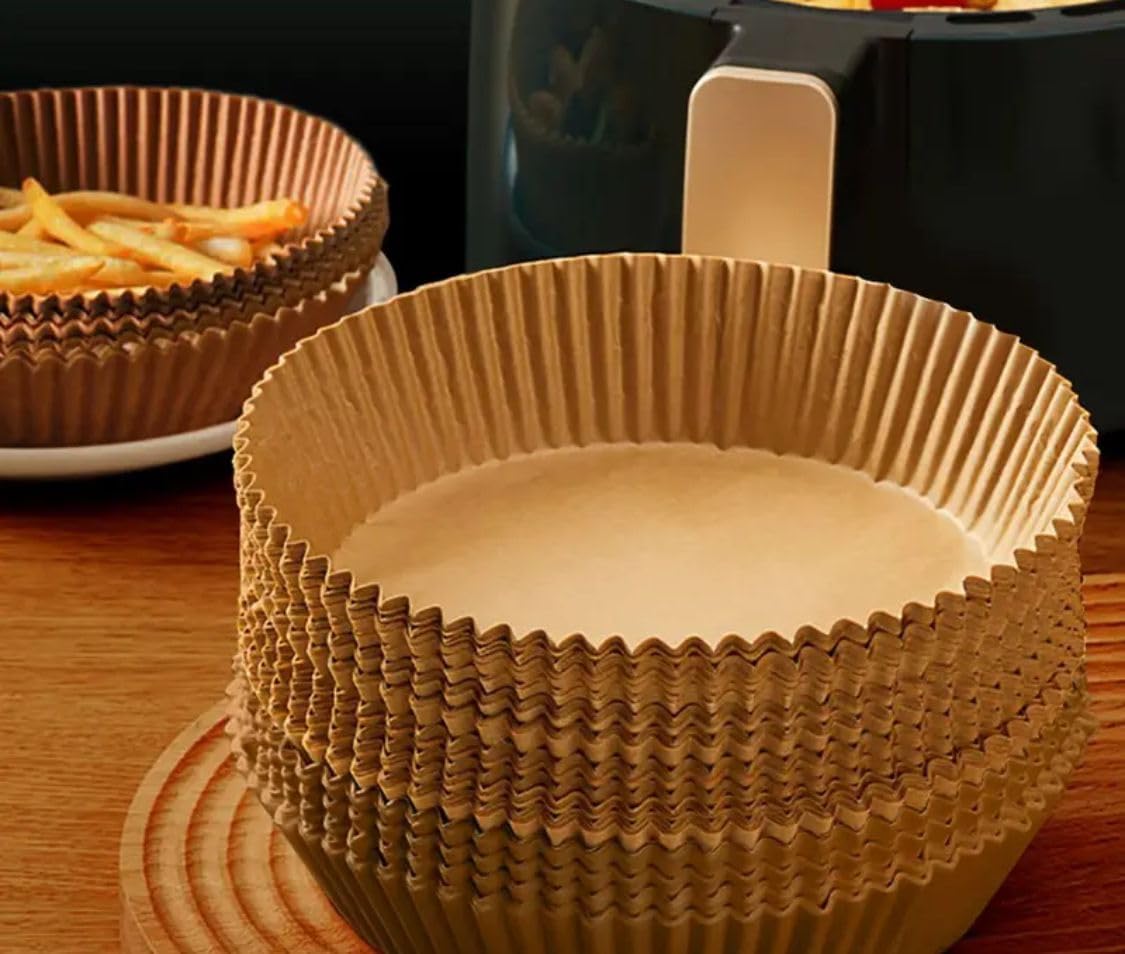 AIR FRYER PAPER PLATES Effortless Air Fryer Cooking: 100 Paper Plates, 50 Packs - Perfect for Easy, Mess-Free Meals with Convenient Cleanup, Premium Round Non-Stick Disposable Paper Liners.
