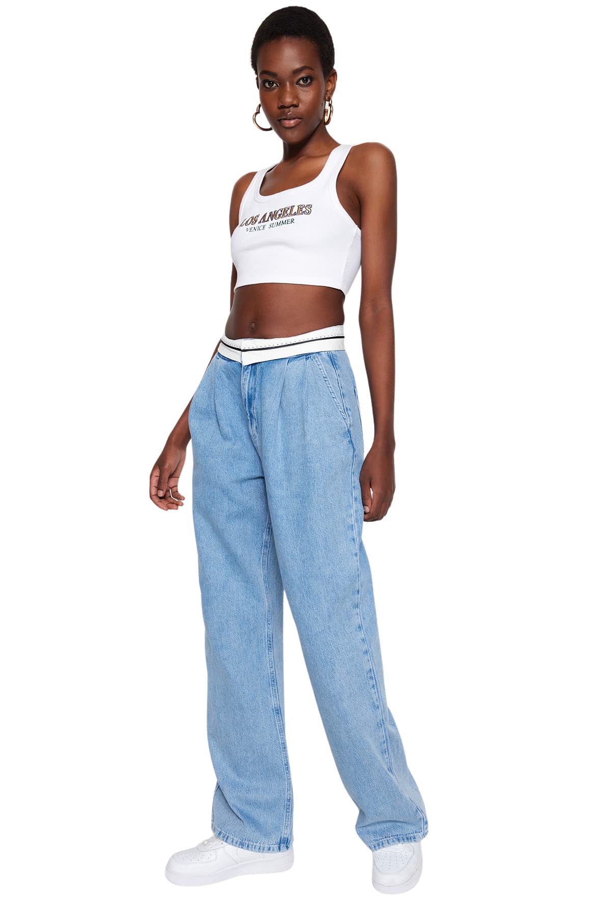 Trendyol Damen Gerade Weites Bein Hohe Taille Jeans
