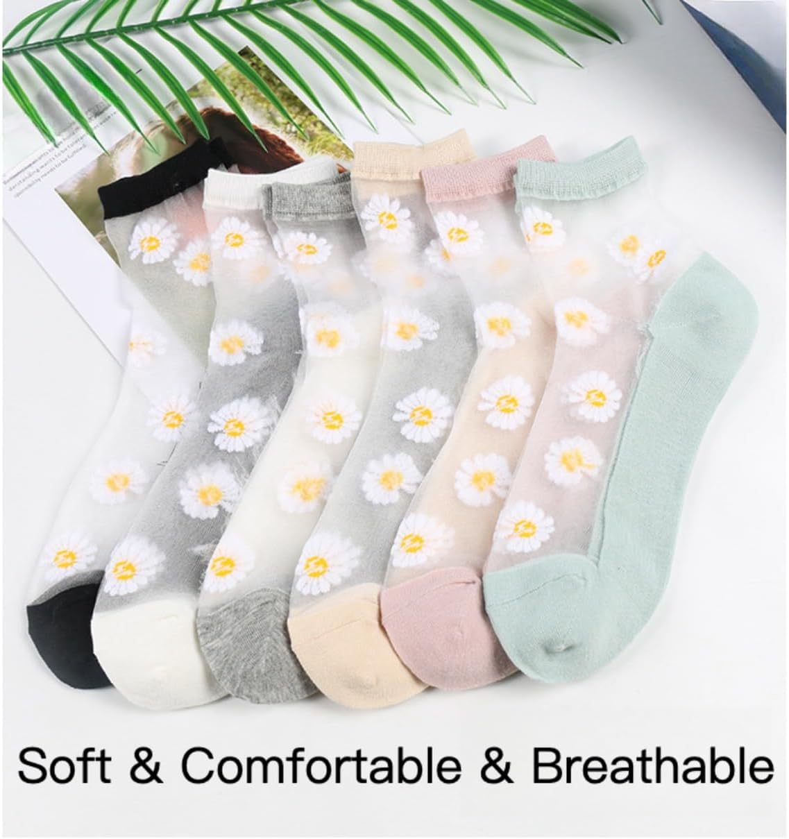 Daisy Socks Lace Sheer High Ankle Socks 6 Pairs Women Transparent Cute Preppy Floral Knit Cotton Sole Dress Sock