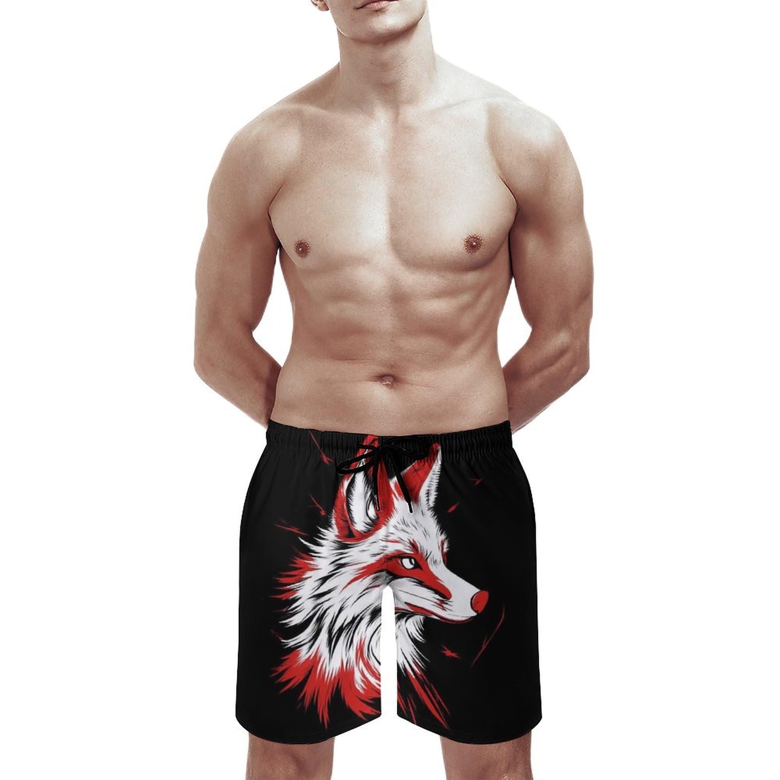 Summer Quick Dry Beach Swim Trunks, Mesh Lining Swimwear Board Shorts with Drawstring Japanese Fox Art Beach Shorts Bathing Suit (XL)