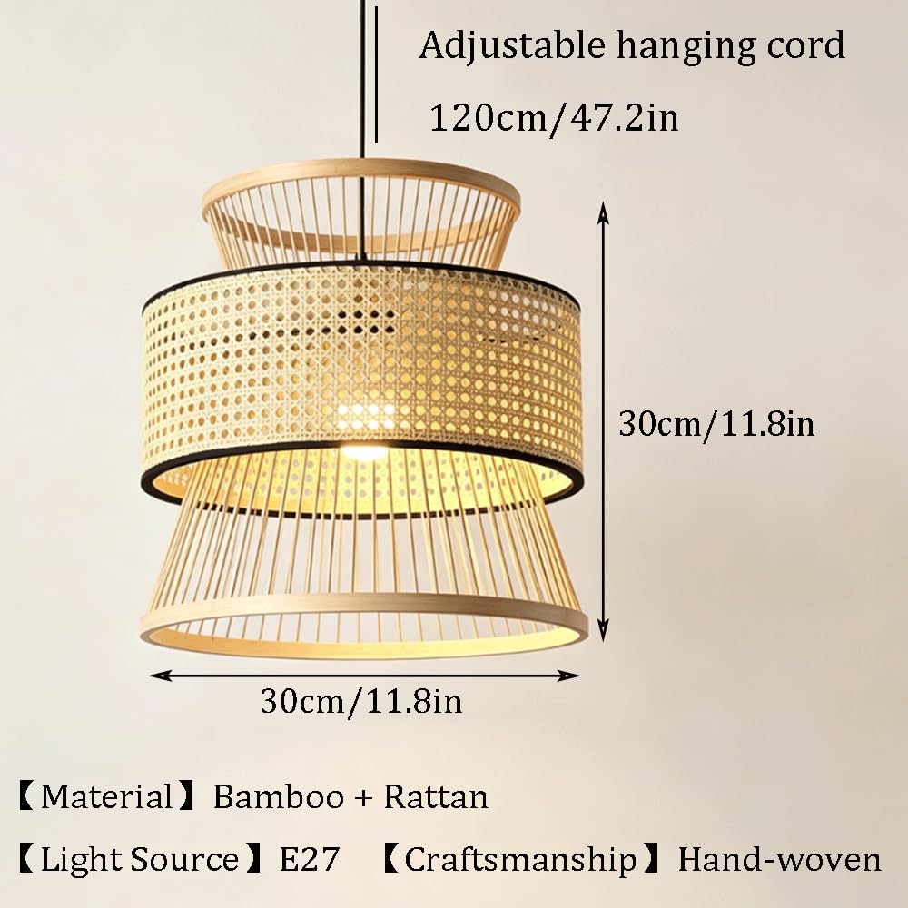 Lámpara Colgante De Bambú Y Ratán Tejido Estilo Bohemio Rústico Para Techo, Ideal Para Sala De Estar, Comedor, Isla De Cocina, Cafetería O Porche. Cable Ajustable, Casquillo E27. Lámpara