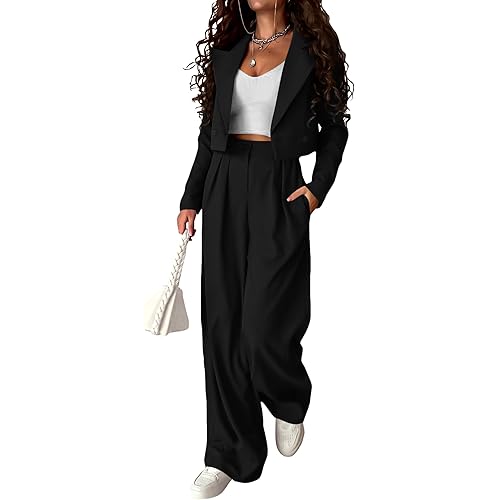 PRETTYGARDEN Women's 2 Piece Casual Outfits Cropped Blazer Jackets High Waisted Wide Leg Work Pants Suit Set