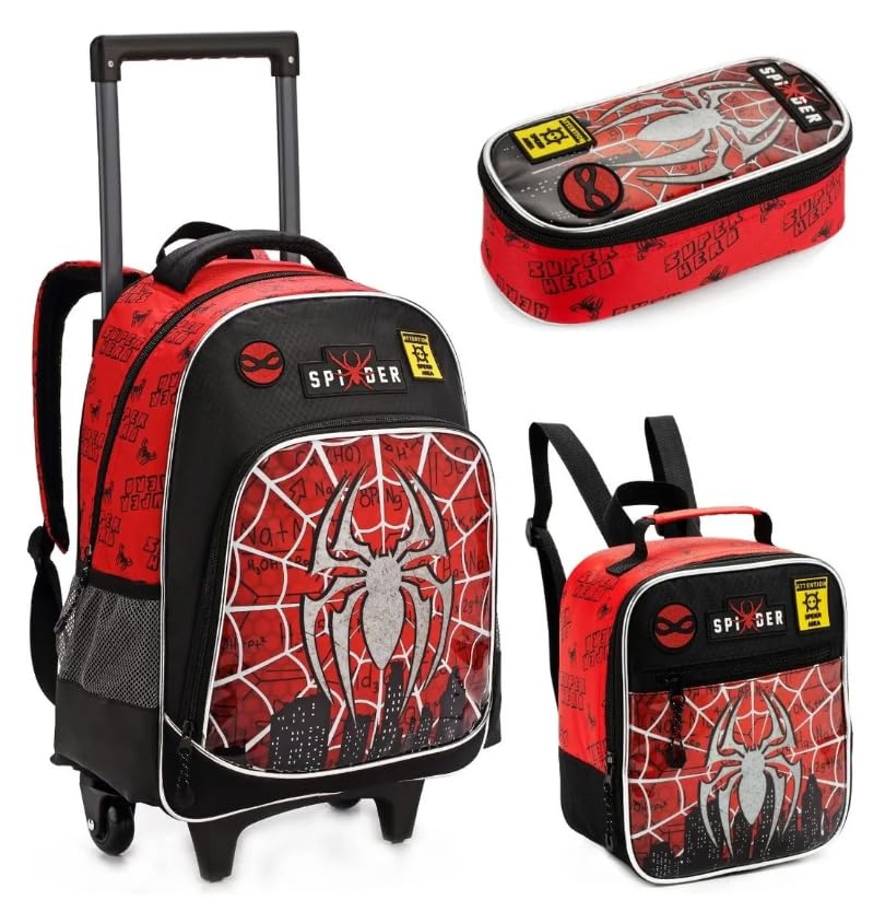 Spider Kit Mochila Escolar Infantil com Rodinhas 3 em 1