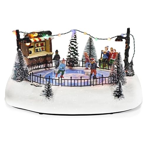 EMPOTEC Scena Villaggio Pesaggio Natalizio Pista Pattinaggio Innevato Ambientazione Pattinatori su Ghiaccio Decorazione Natale Movimento Luci Suoni Musiche Natalizie Idee Regalo Alta Qualità 27x21x15