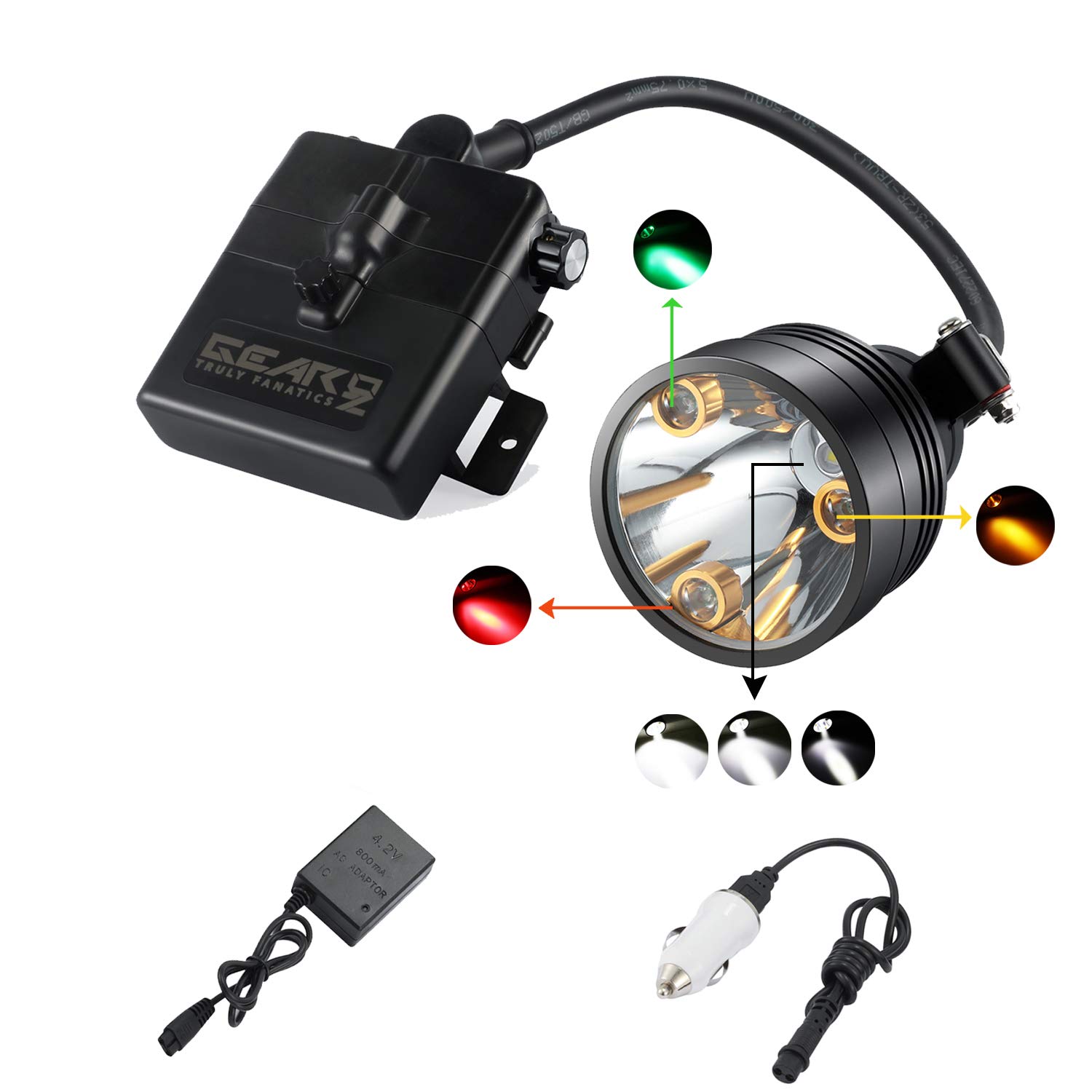 GearOZ Coon Hunting Lights, Hunting Headlamp for Coyotes Hog Predators, Rechargeable & Waterproof, 6 Lighting Modes, 4 Powerful LEDs (White Red Green Amber) Perfectly for Night Working