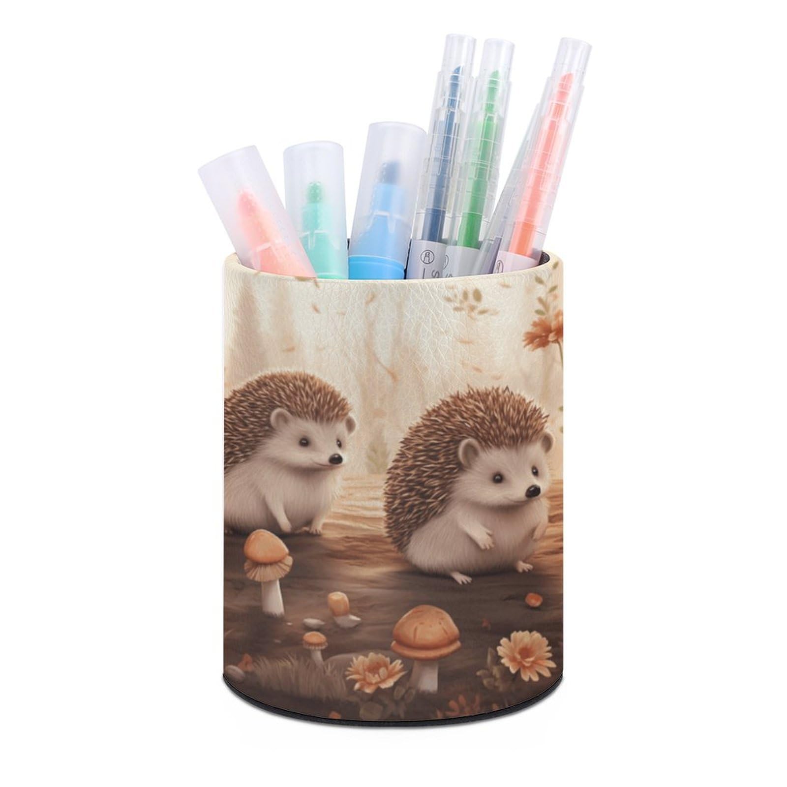 VstaDank Nature Lovely Hedgehog Lovers Pen Holder PU Leather Pencil Cup Minimalist Desk Pencil Holder Round Make Up Brush Organizers For Office Dorm Room&Vanity Desk Accessories