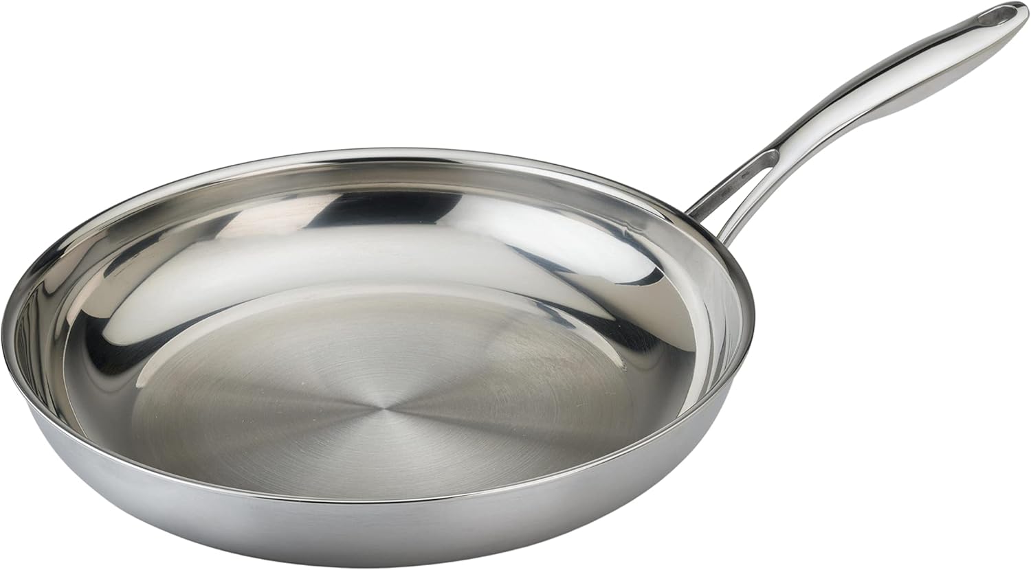 Black Cube Stainless Steel 12.5-inch Frying Pan, 3 Ply Professional Grade Steel Skillet, Sliver, Dishwasher Safe.