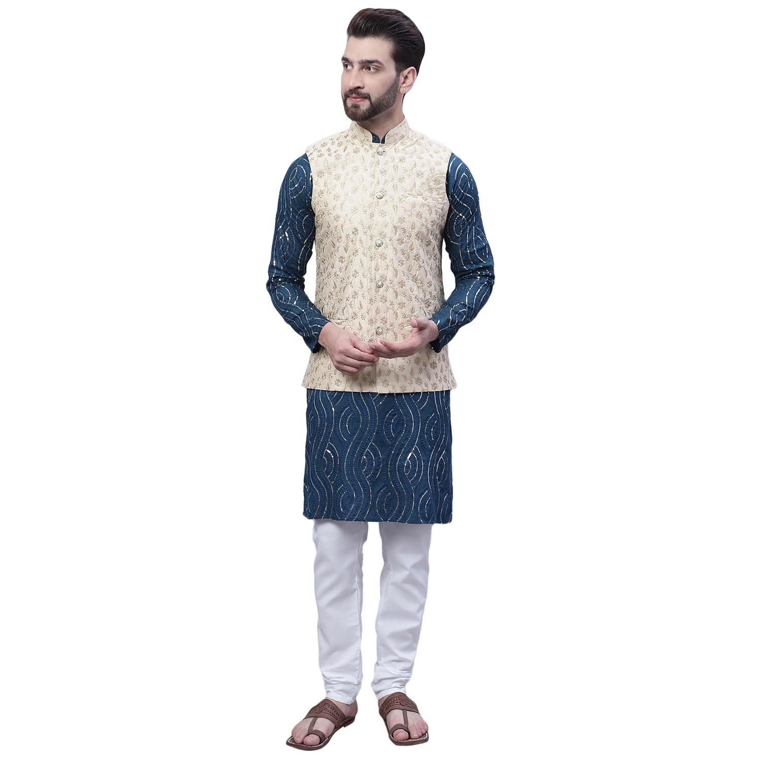 sojanya (Since 1958 Men's Pure Cotton Teal Blue Kurta and White Pyjama with Beige Embroidery Nehru Jacket-picture-49