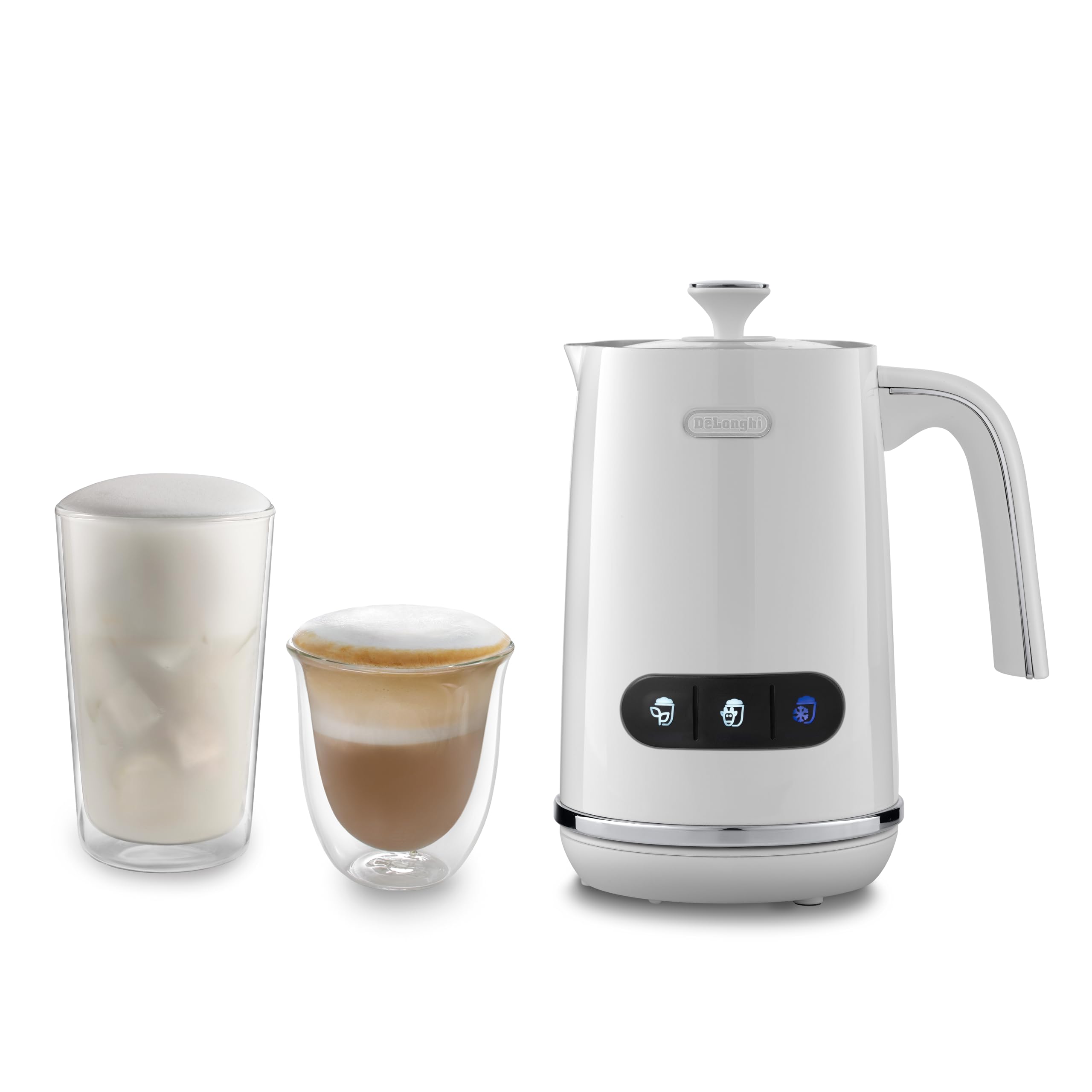De'Longhi LatteMix EMF3.​W Montalatte Automatico per Latte Vaccino e Vegetale, Funzioni Schiuma Calda e Fredda, Coperchio Trasparente, Comandi a Tre Pulsanti, Capacità 250 ml, Bianco