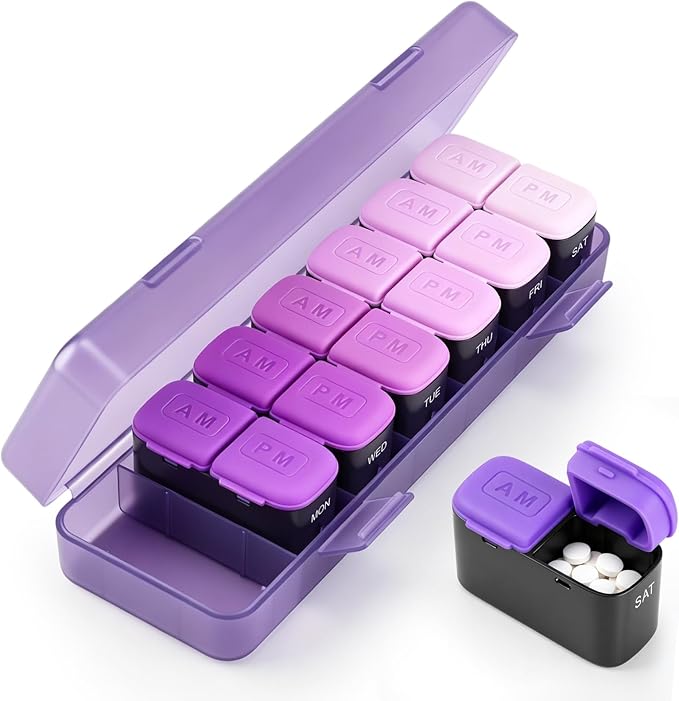 Weekly Pill Organizer 2 Times a Day, Portable AM PM Medicine Box with Large Compartments, Travel Pill Organizer Case, Moisture-Proof Daily Containers for Vitamins, Supplements & Medication (Green)