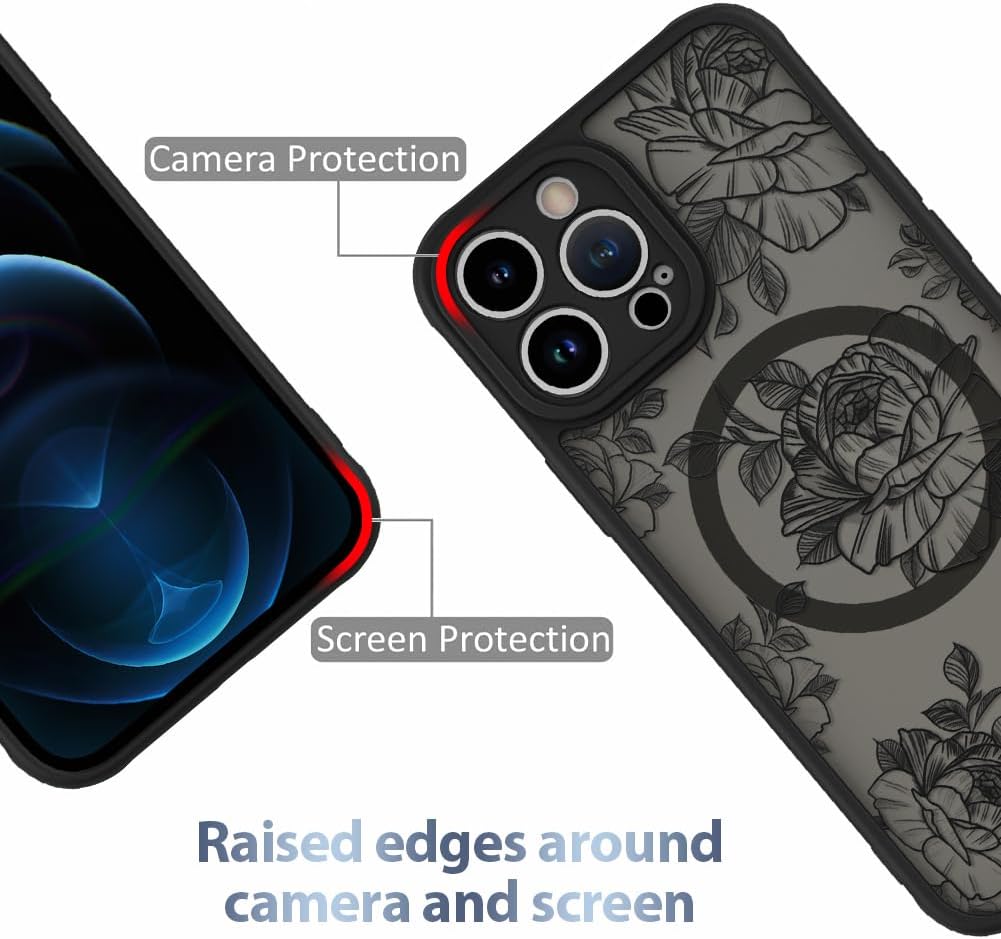 AIGOMARA Case for iPhone 12 Pro Max [Compatible with MagSafe] Black Flower image 2