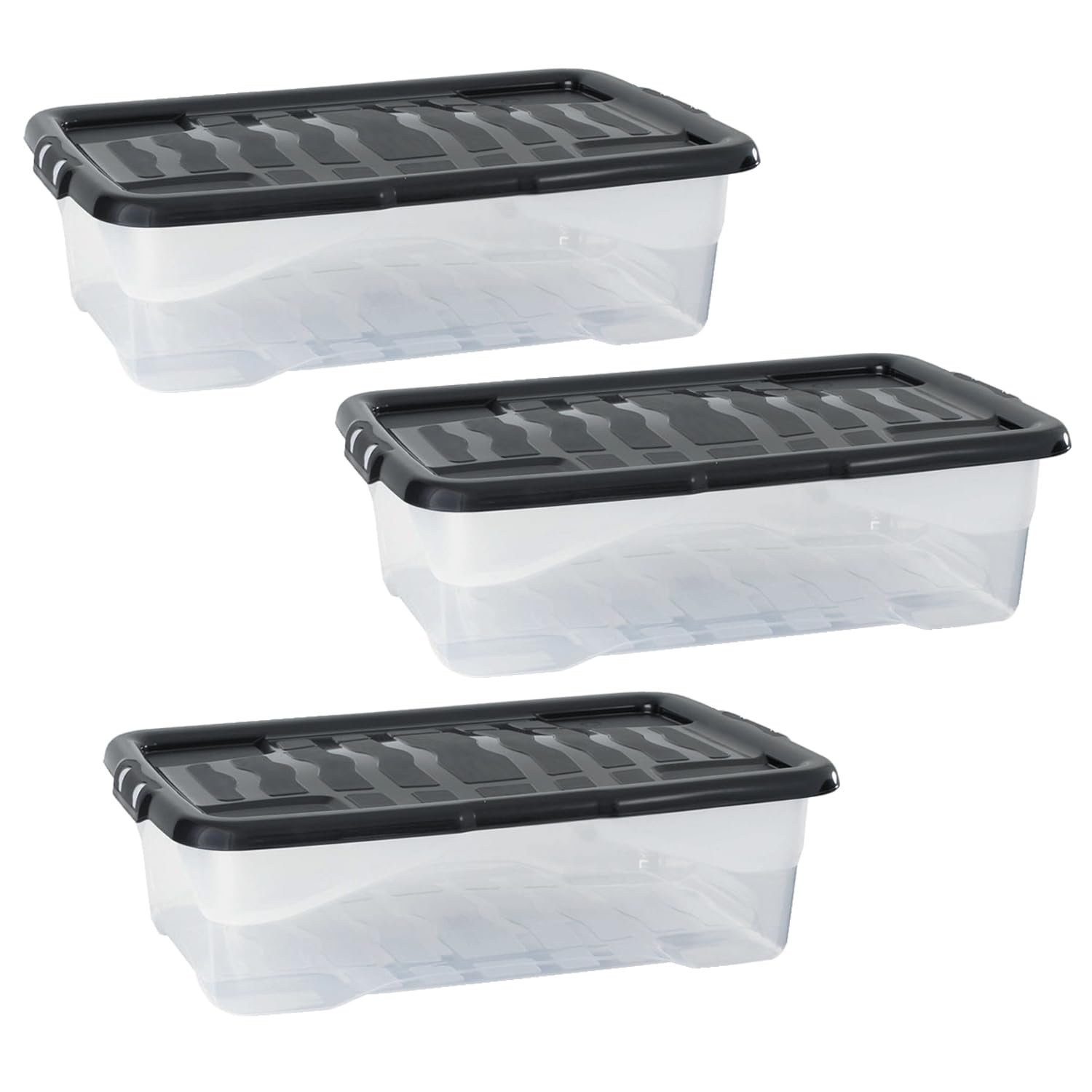 TENLITE 𝐏𝐚𝐜𝐤 𝐎𝐟 𝟑 - 30L Litre Curve Clear Plastic Storage Box with Black Lid | Organiser Box Stackable Nestable Container | Perfect For Home & Office (30 Litre)