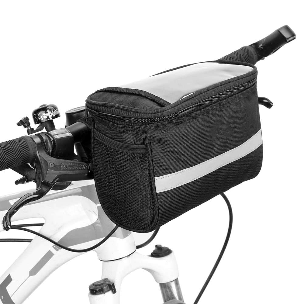NICEYST Bicycle Handlebar Bag Large Capacity Waterproof Bike Front Basket with Transparent Phone Pouch Reflective Stripe Adjustable Buckle Outdoor Travel Cycling Accessories (Black)