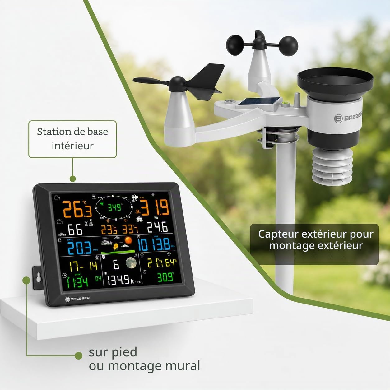 Bresser Station météo, sans fil, portée de 1,5 km, WiFi, capteur extérieur 7 en 1, solaire, UV, vent, pluie, téléversement WiFi, alarme, climat intérieur/extérieur | Bresser Terral Station météo sans fil professionnelle Wifi 7 en 1