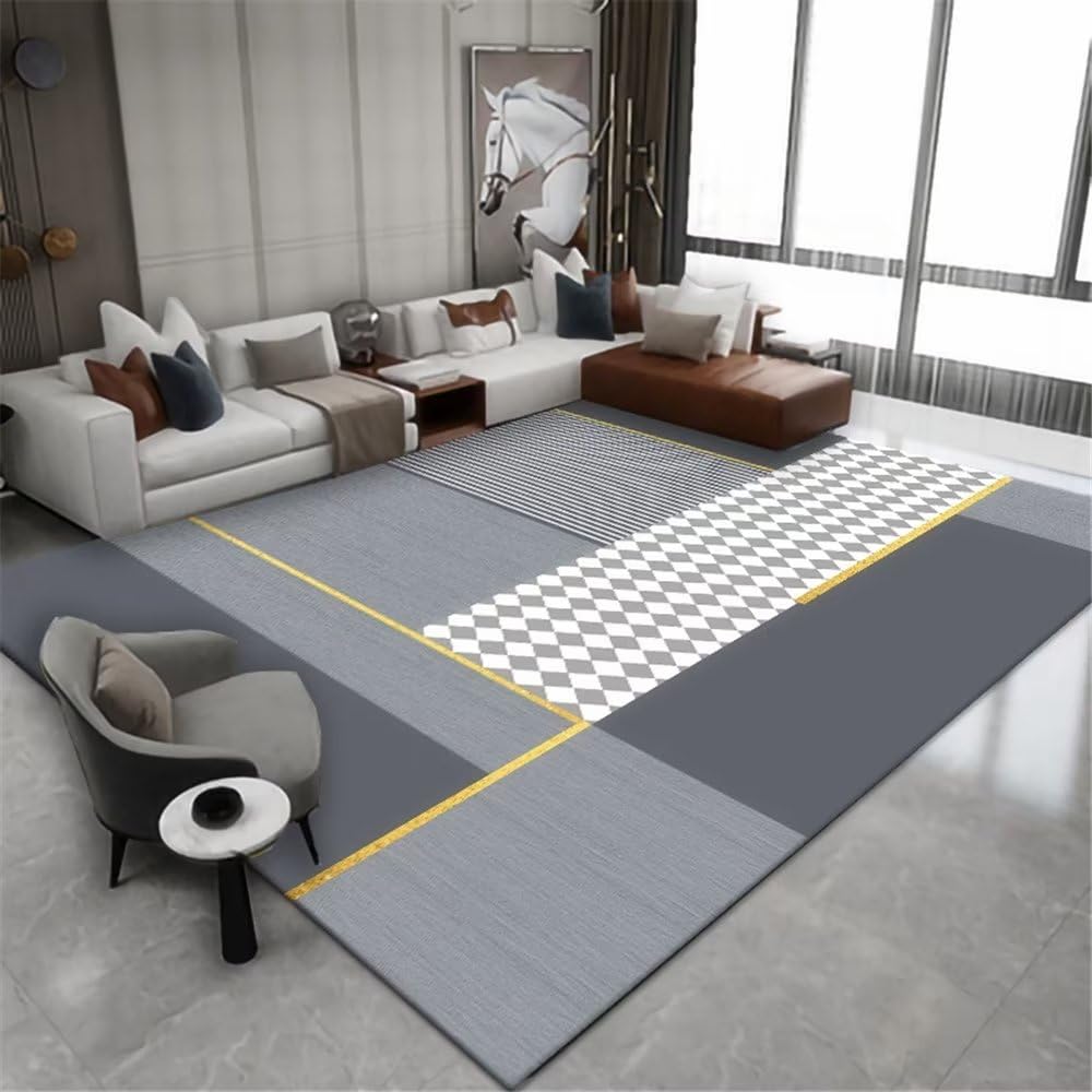 Tapis de salon gris lavable à motif géométrique pour un entretien facile et rapide