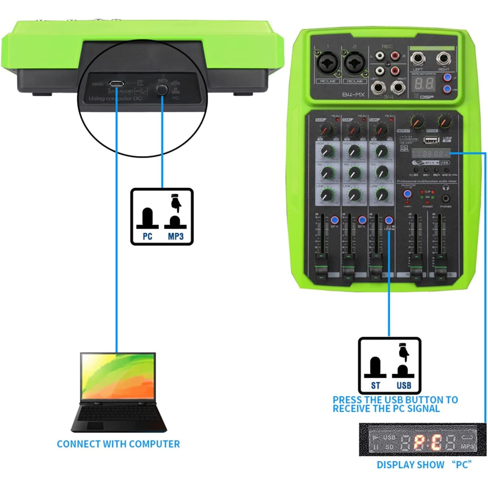 Mezclador de audio profesional, procesador con reverberación USB Bluetooth, fuente alimentación integrada 48 V, reproducción múltiples formatos