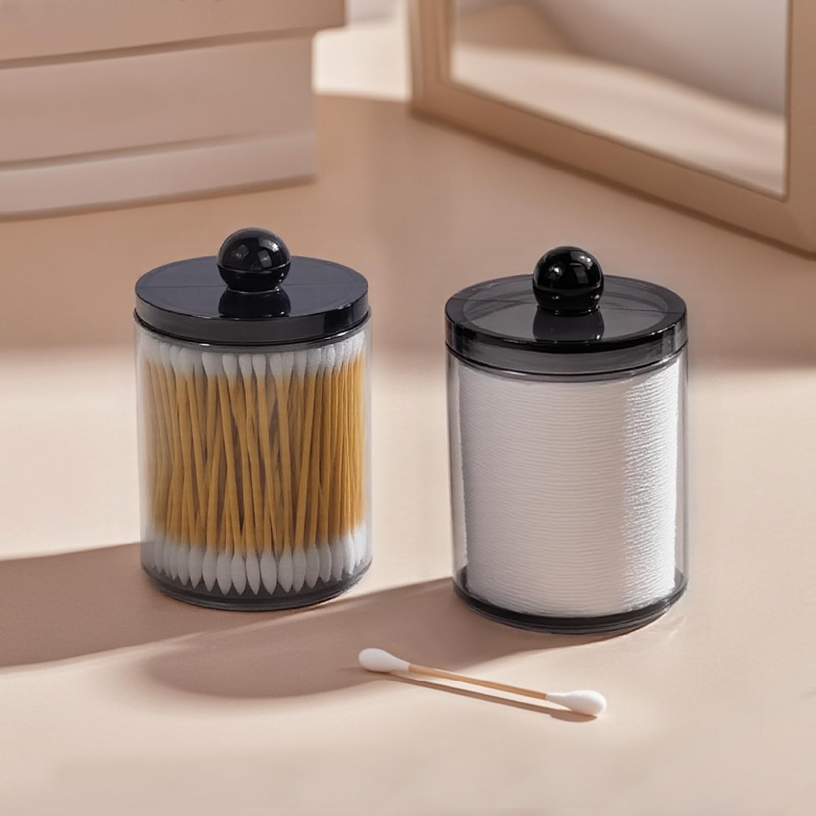 Qtip-Spender-Set aus schwarzem Kunststoff, für Badezimmer, Waschtisch und Aufbewahrung, Organisation für Wattebälle, Wattestäbchen, Wattestäbchen, Zahnseide-Picker, Haarspangen, 2 Stück