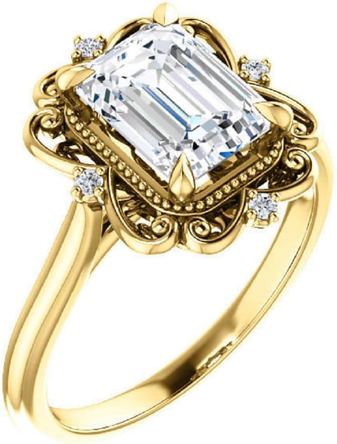 1CT-4CT Antique Halo Engagement Ring for Women Design Wedding Bridal Ring Set Christmas Gifts 925 Silver/Solid Gold Moissanite (Ring, Main Stone : 1 CT, Yellow, Emerald Cut)