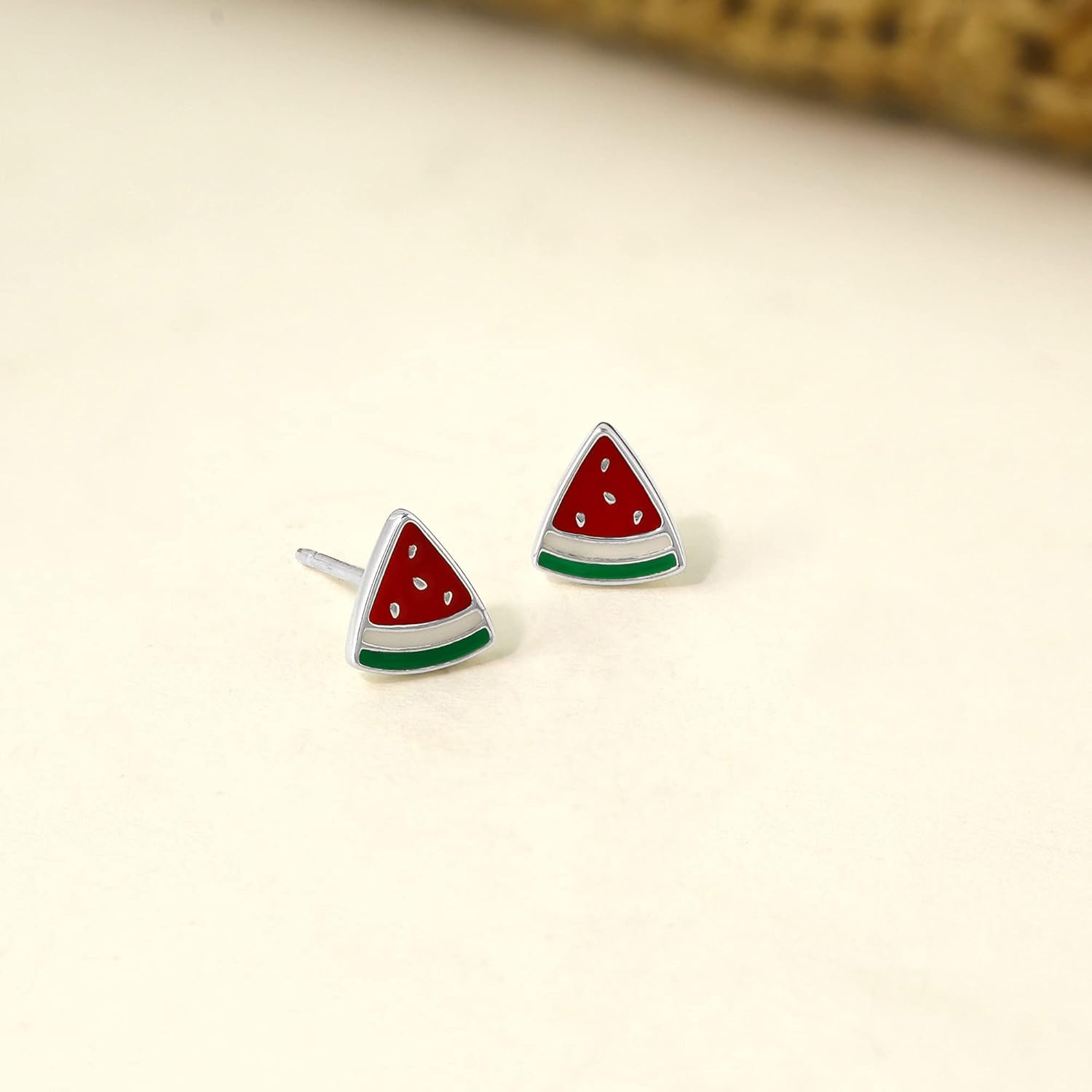 Boma Jewelry Sterling Silver Watermelon Fruit Stud Earrings with Hand Painted Red Enamel
