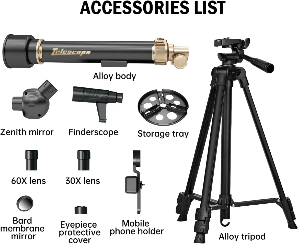 Telescope for Kids& Adults with 60X/30X Lenses, Adjustable Alloy Tripod, Mobile Phone Holder, 360° Gimbal Mount for Stargazing and Nature Viewing,Suitable for Astronomy Enthusiasts