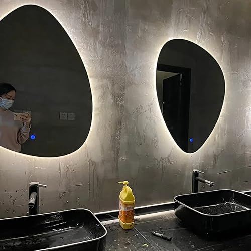 Miniatura 10 de Espejo de pared irregular sin marco con luz LED, espejo de baño retroiluminado con LED tricolor regulable, espejo de maquillaje asimétrico con gotas