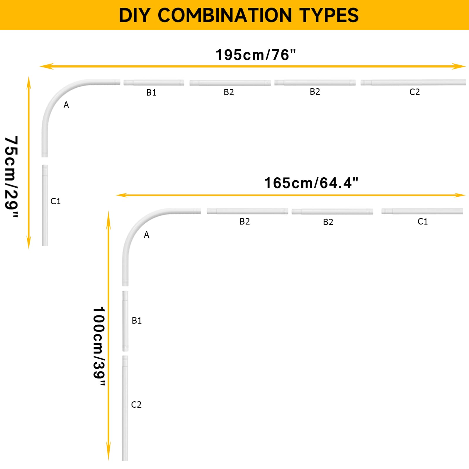 Misounda Shower Curtain Rail Rod L Shape, Shower Curtain Rail 95x175 cm/100x165 cm, Stainless Steel Curved Shower Rail - Image 2