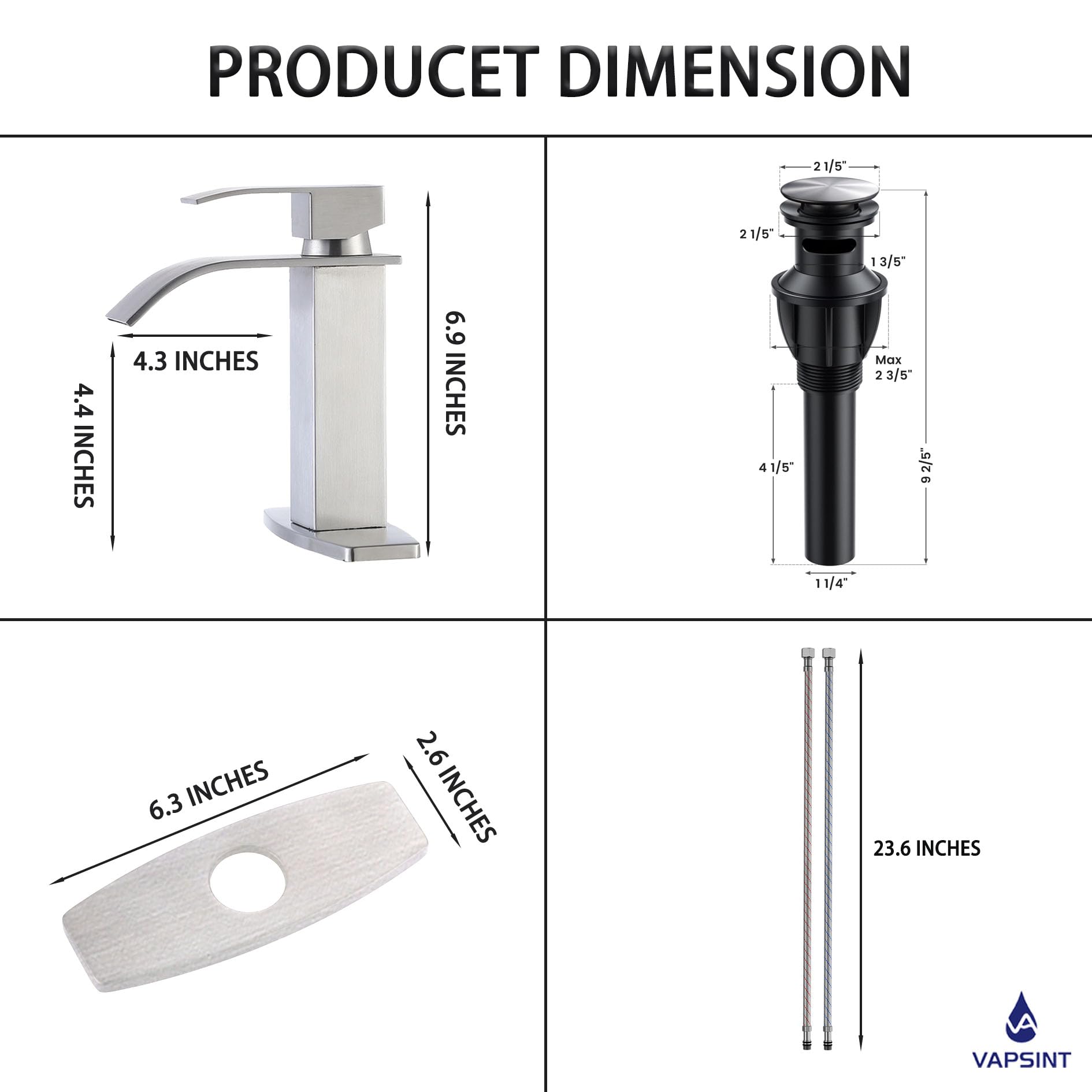 VAPSINT Brushed Nickel Waterfall Bathroom Faucet Modern Single Handle Bathroom Sink Faucet for 1 or 3 Hole Stainless — view 7