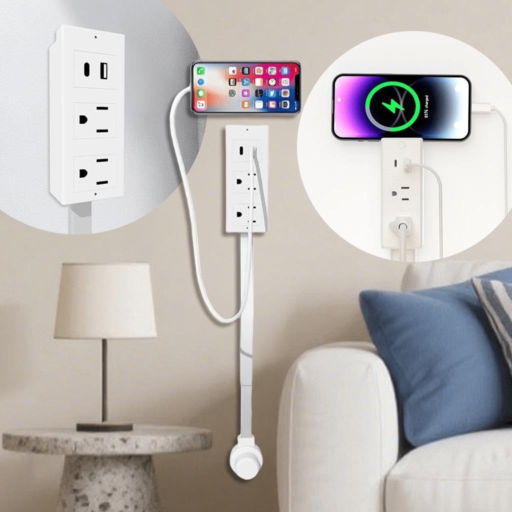 Outlet Extender Stick with 2 AC Outlets & 2 USB-C Ports, 180° Rotating Power Socket, Adjustable 17.7"-27" Extension, Easy Plug & Play for Home, Office, Dorm, and Trave