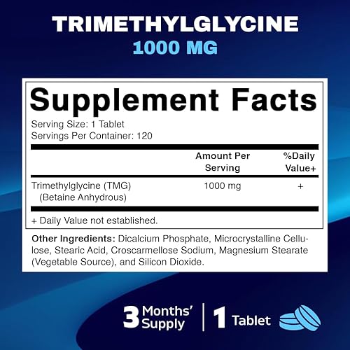 Miniatura 2 de Vitamatic TMG Supplements 1000mg - Trimetilglicina - Betaína anhidra - 120 tabletas - 120 porciones - Sin OMG y sin gluten (1 botella)
