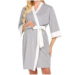 Maternity Knit Nursing Robe Pregnancy Women Knee Length Breastfeeding Bathrobes Lightweight Wrap Postpartum Nightgown