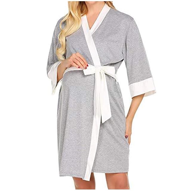 Maternity Knit Nursing Robe Pregnancy Women Knee Length Breastfeeding Bathrobes Lightweight Wrap Postpartum Nightgown