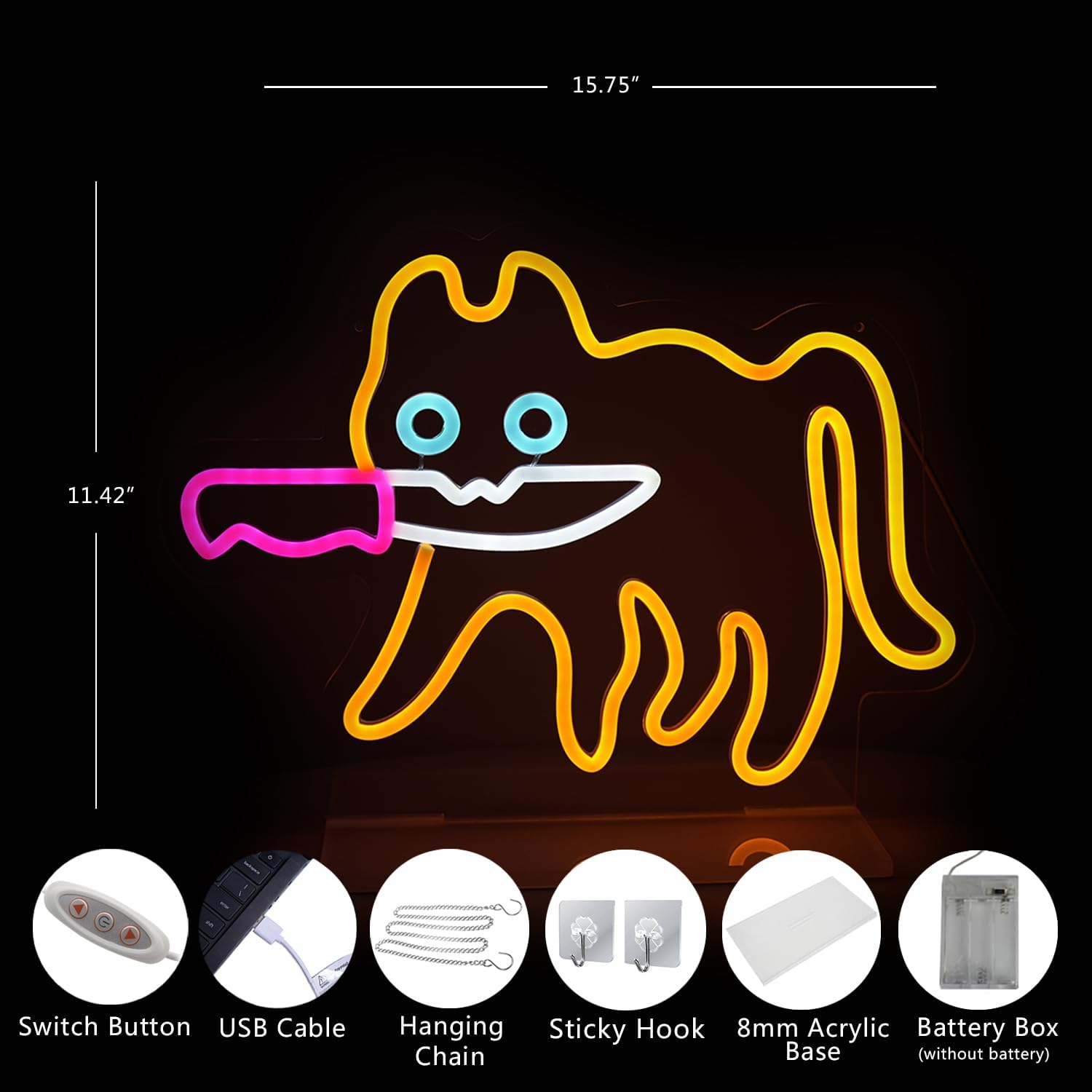 Cautiously Cat Neon Sign for Wall Decor Adorable Funny Led Neon Signs with Stand for Home Bedroom Cat Cafe House Store (Yellow Cat)
