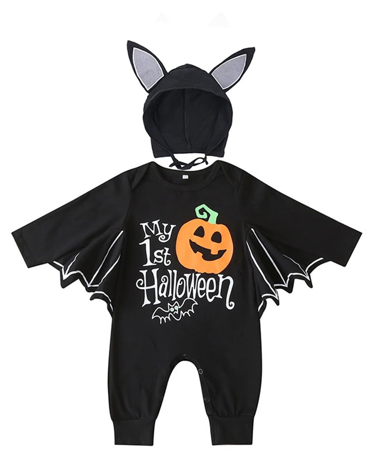 Baby Bat Costume Boy Girl My First Halloween Outfit Infant Pumpkin Onesie Long Sleeve Jumpsuit with Hat 6-12 Months