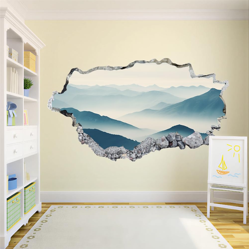 3D Durchbruch Wandtattoo Mädchen Kinderzimmer Berg Wandaufkleber Dekorative Landschaft Wandsticker für Junge Teenager Zimmer Wohnzimmer Schlafzimmer Wandbilder Deko 120x80