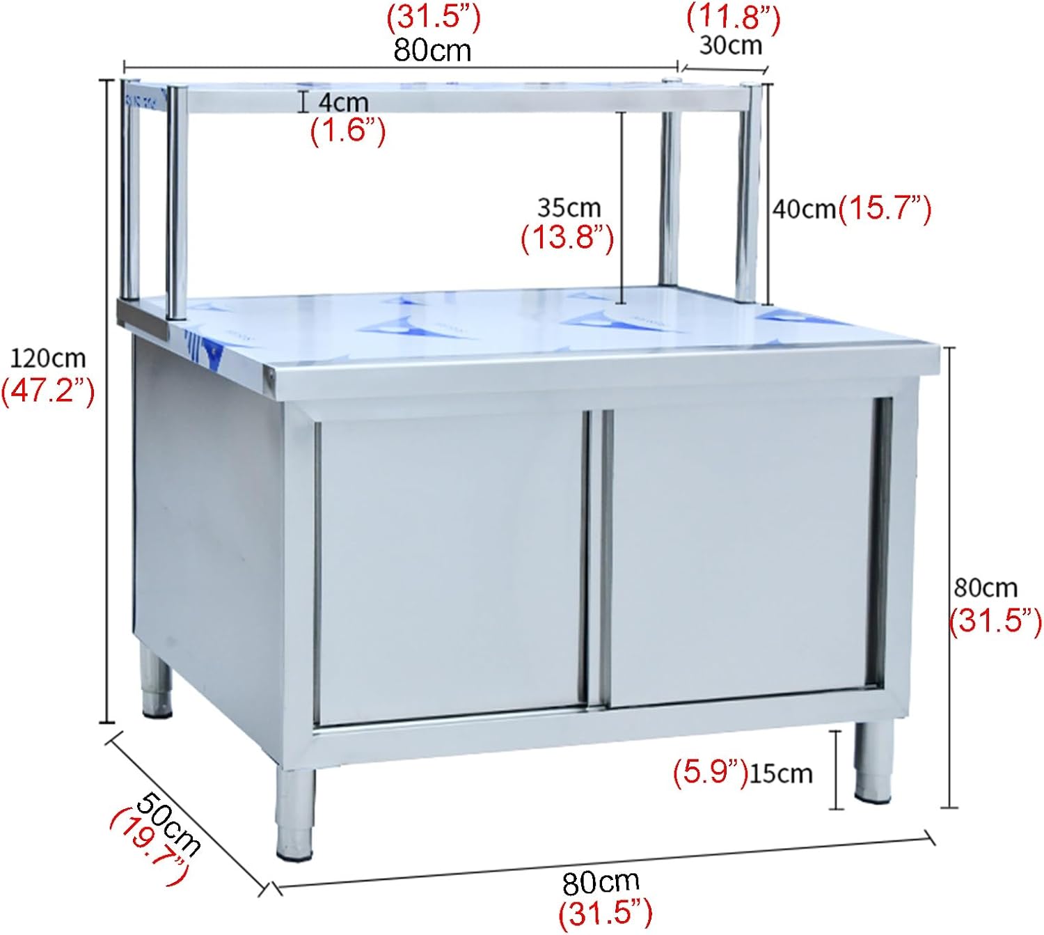 Workbench with Single-Tier Shelf Sliding Door Design Worktable Kitchen Storage Cabinet Chopping Board Countertop Factory Packing Workstation Metal Prep Table(80x50x80cm/31.5x19.7x31.5”)