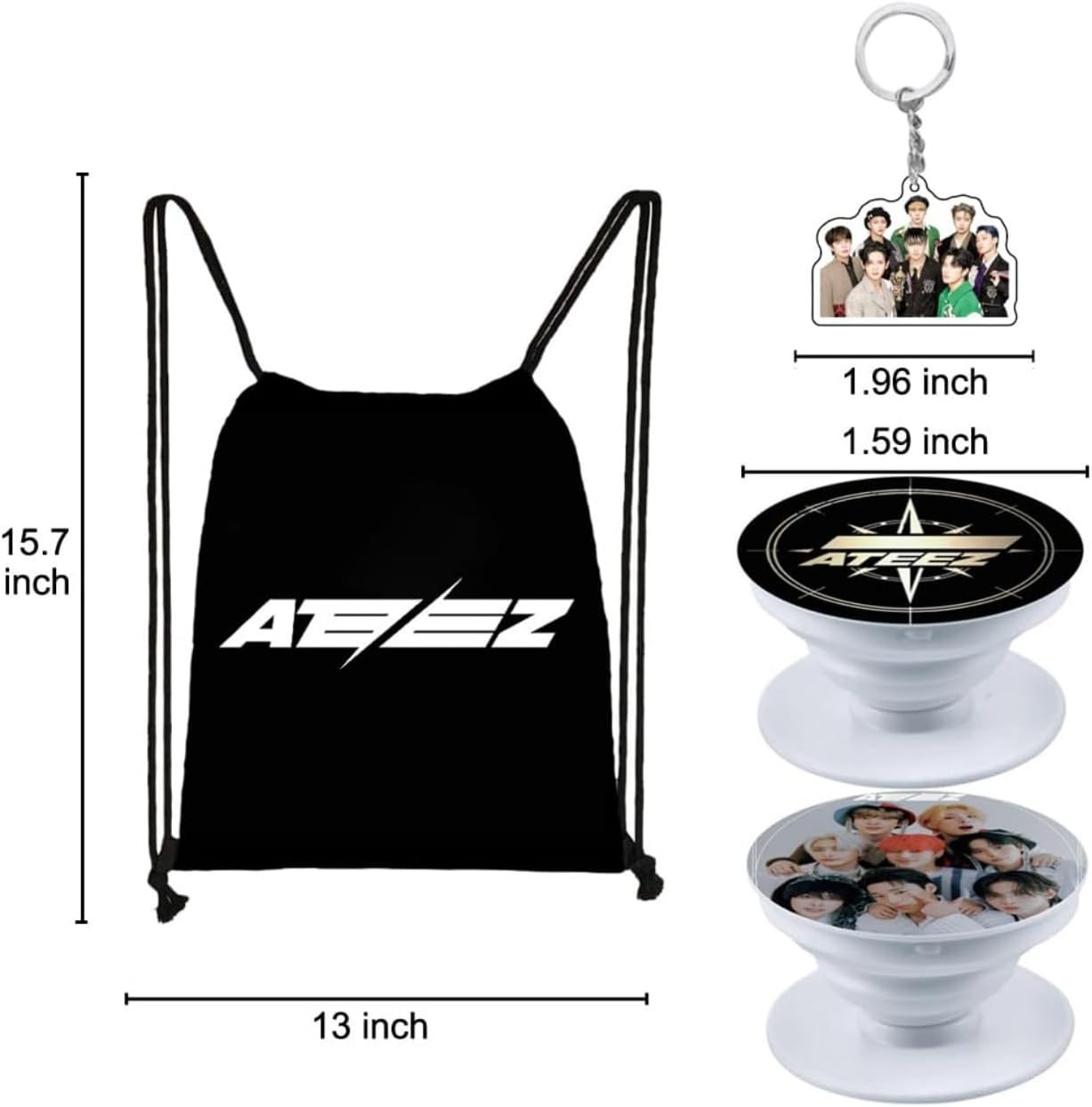 YX&ST Kpop Gifts Set for Ateez, Including Drawstring Bag Backpack, Necklace, Earrings, Bracelets, Button Pins, Lanyard ID Holder, Cartoon Badge, Phone Ring Holder - Image 4