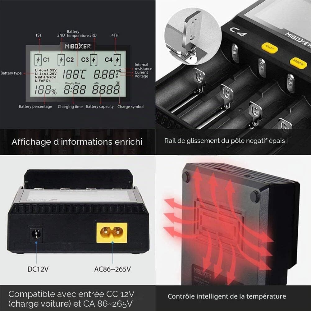 Chargeur de Batterie Universel, MiBOXER Smart Chargeur Universel 4 Baies, Écran LCD Automatique, Charge Rapide Rechargeable Li-ION LiFePO4 Ni-MH Ni-CD AA AAA C 18350 18500 18700 20700 21700 26650