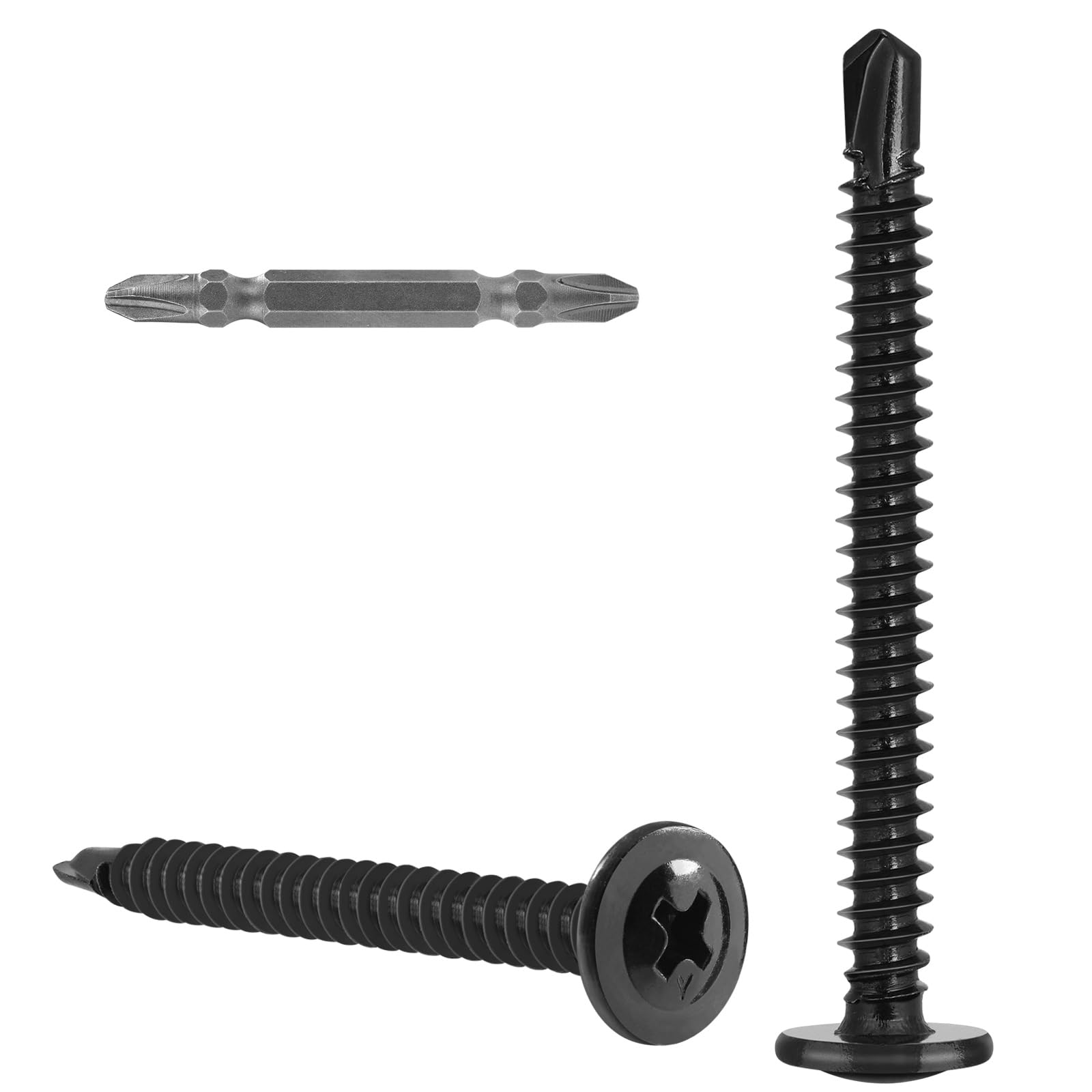 VGBUY 100Pcs #8 x 1-3/4" Self Drilling Screws for Metal,410 Stainless Steel Black Zinc Plated,Self Tapping Sheet Metal TEK Screws,Modified Truss Head